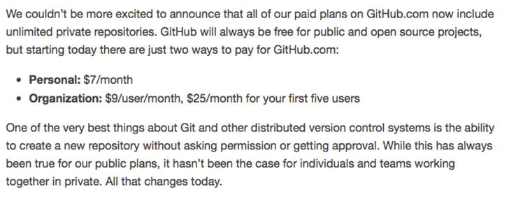 GitHubがプライベートリポジトリ作成を無制限に！！
