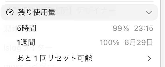 Codexのリセット後に5時間枠が99%、1週間枠が100%に戻った使用量画面