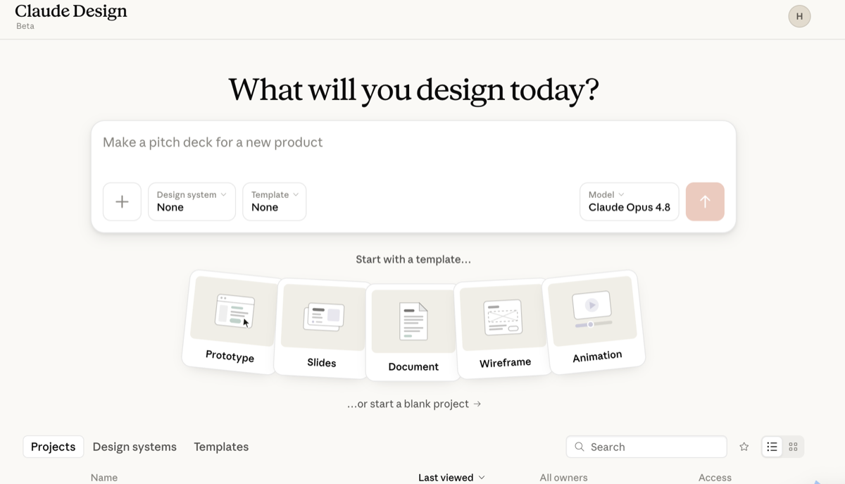 Claude Desktopから開いたClaude Designのトップ画面